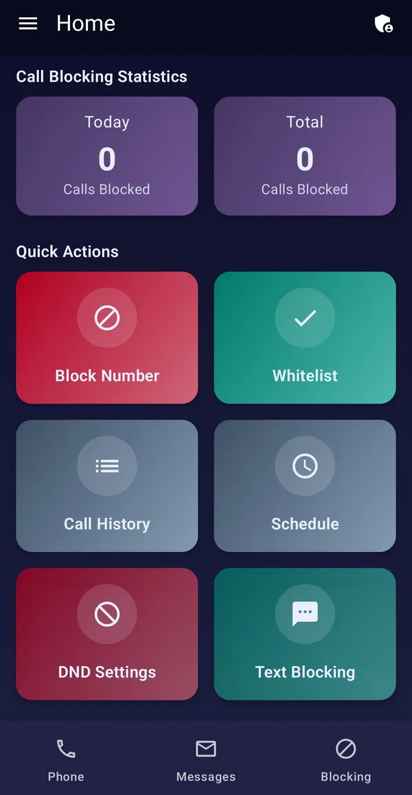 Screenshot of Block Guard app showing call blocking statistics and quick actions on Android